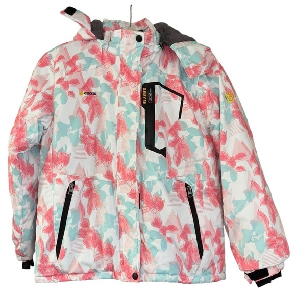 GEMYSE Hooded Snowboarding  Hooded Jacket  Girl’s L Watercolor Flowers Pink Blue - Picture 5 of 14